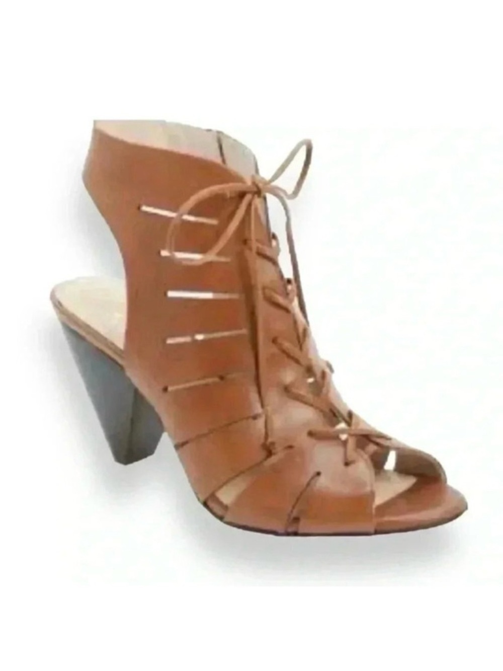 Vince Camuto Estie Leather Ankle Booties Peep Toe Heeled Lace Up Tan Brown 10
